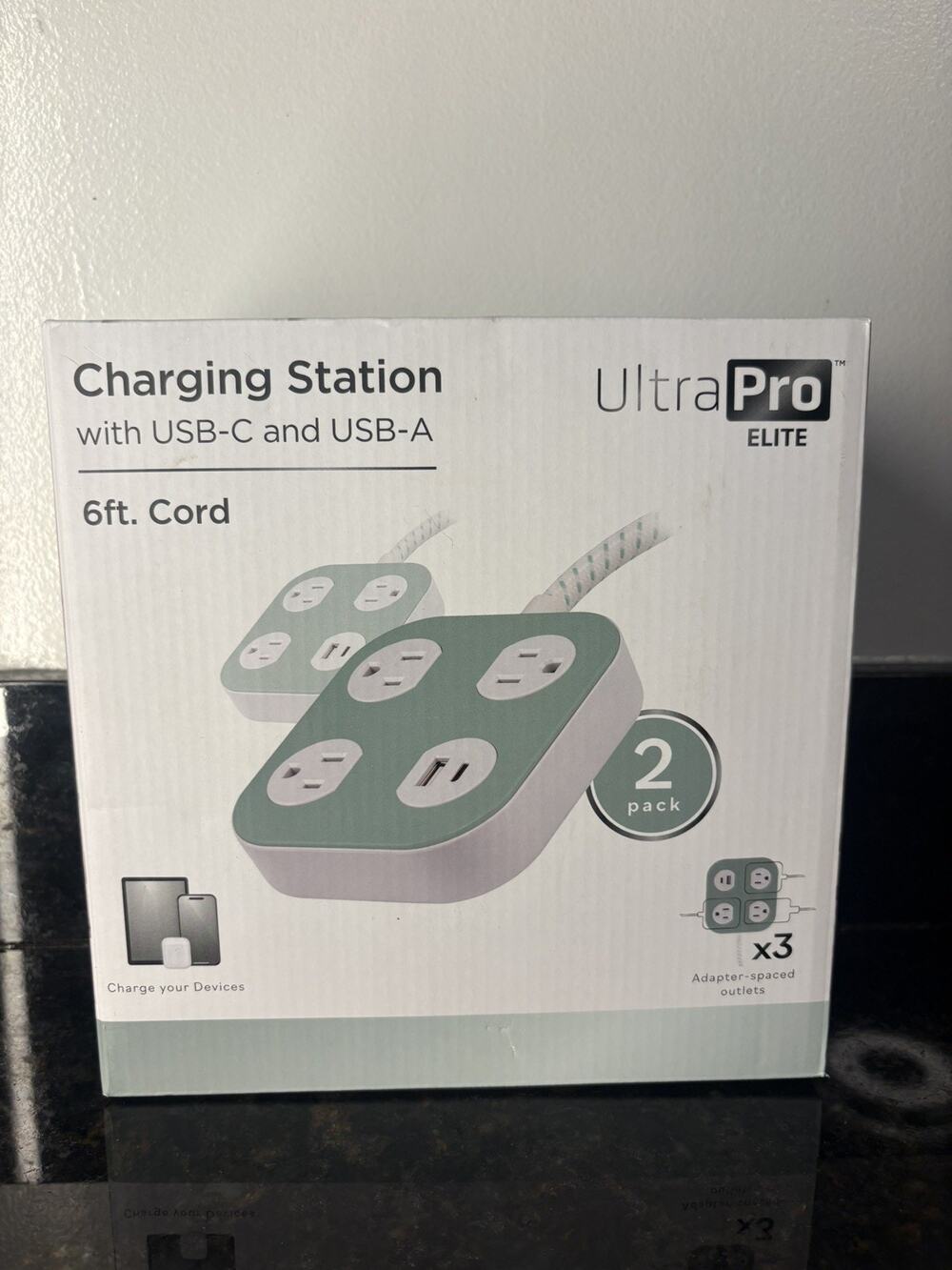 UltraPro Elite Charging Station 3 Outlets USB-C/USB-A 6ft Cord 2-Pack